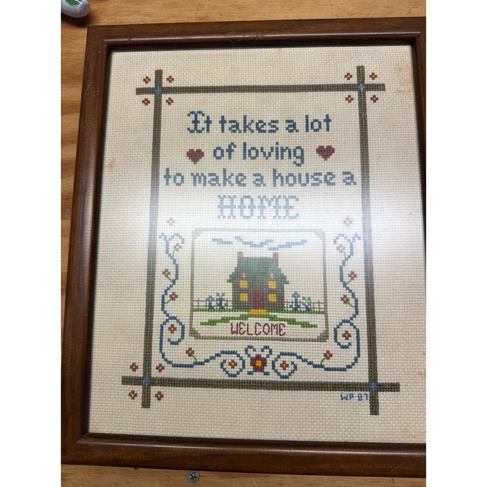 Vintage 1987 Handmade Cross Stitch Framed Wall Art House A Home Welcome Sign